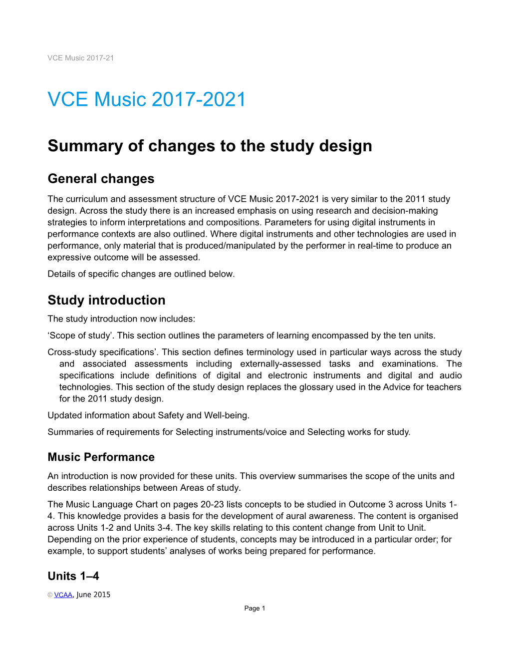 VCE Music - Summary of Changes