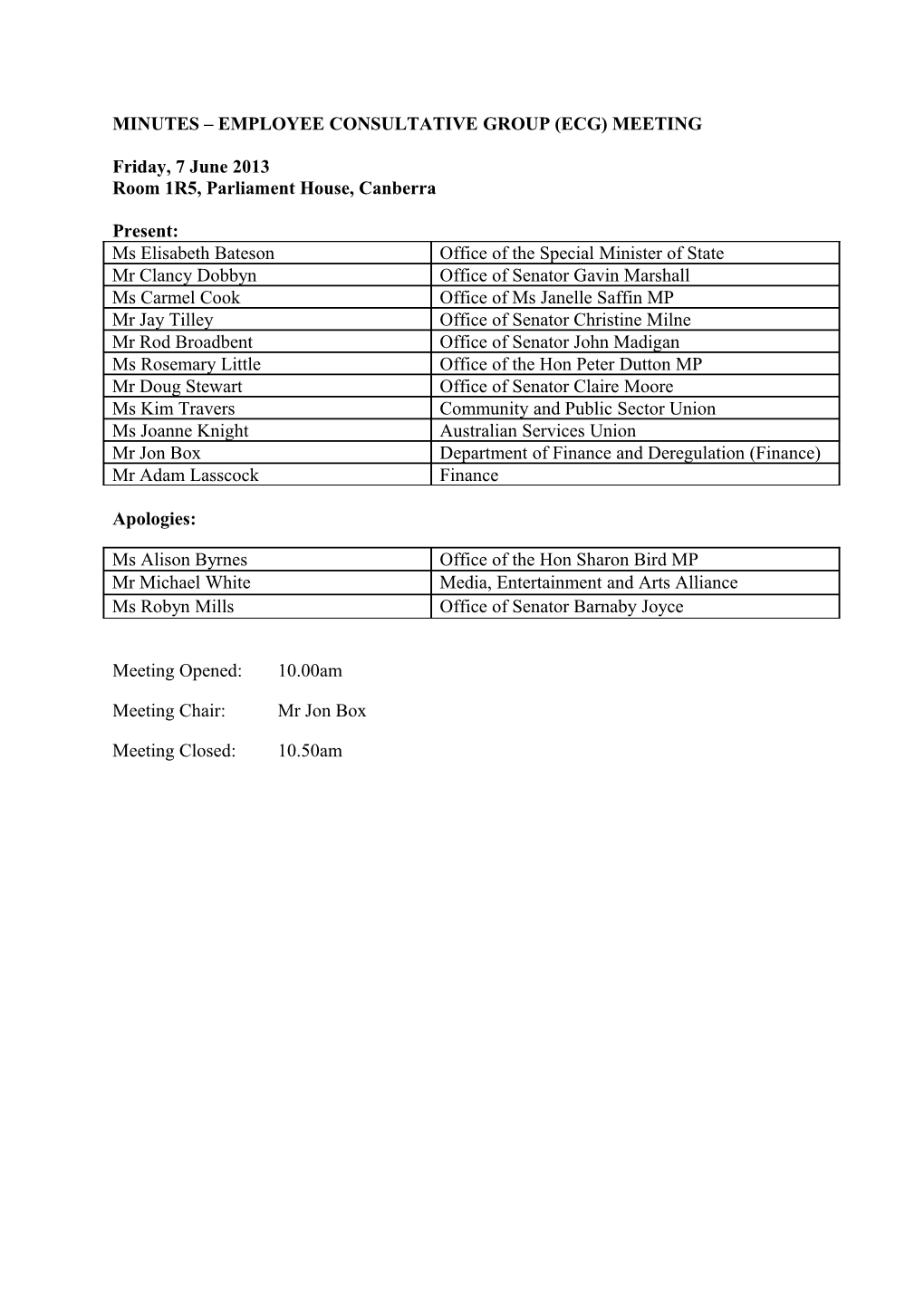 Employee Consultative Group Meeting Minutes 7 June 2013