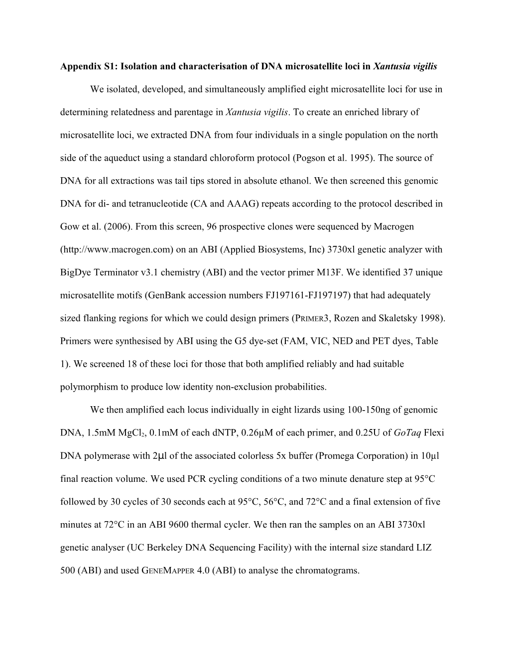 Appendix S1: Isolation and Characterisation of DNA Microsatellite Loci in Xantusia Vigilis