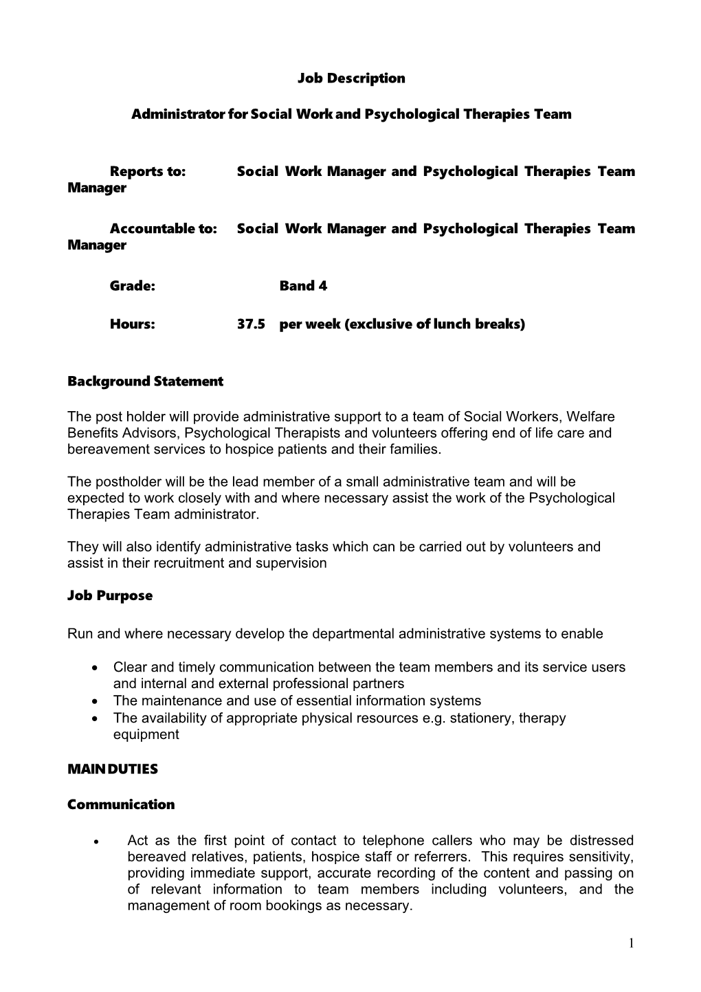 Administrator for Social Work and Psychological Therapies Team