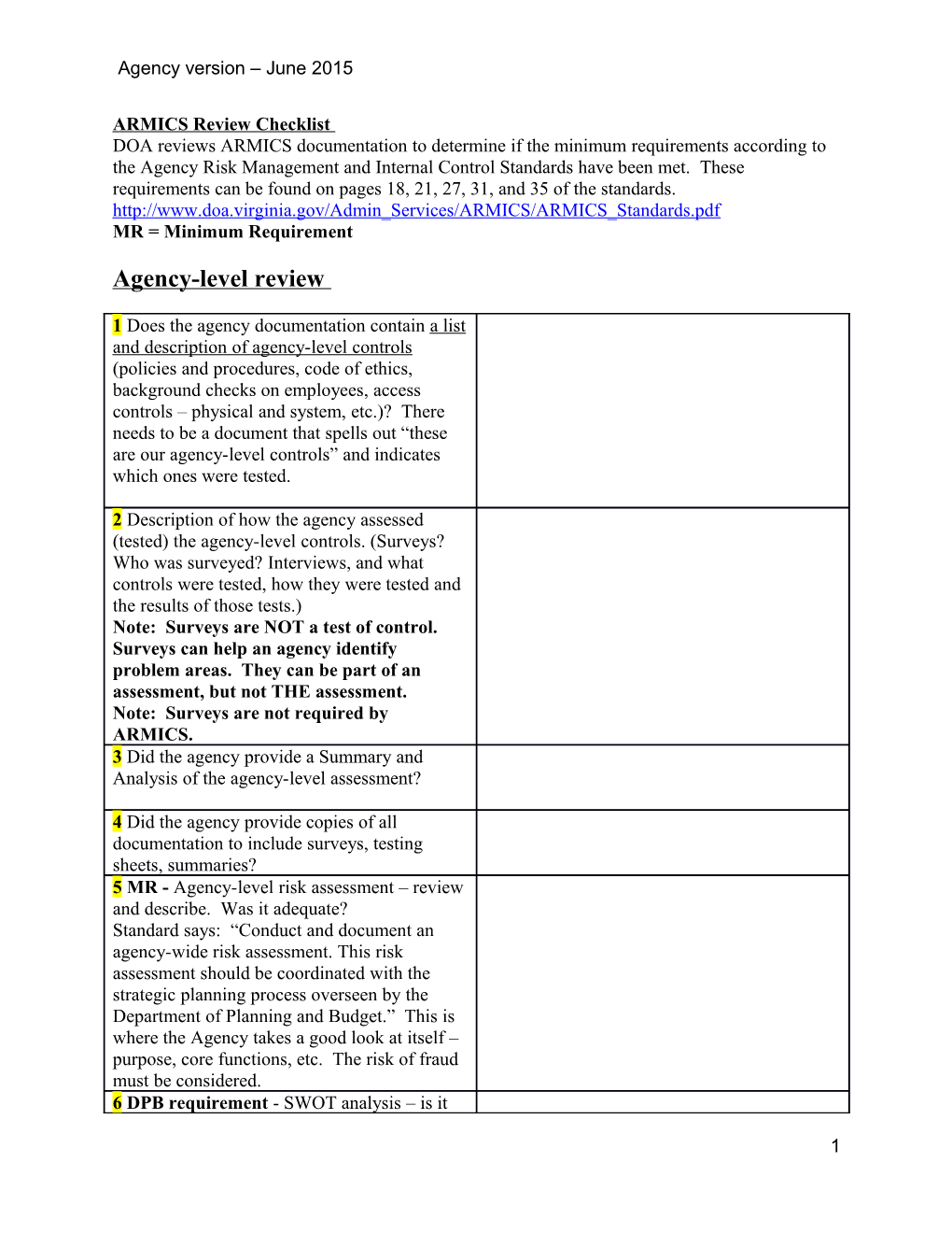 ARMICS Review Checklist Agency