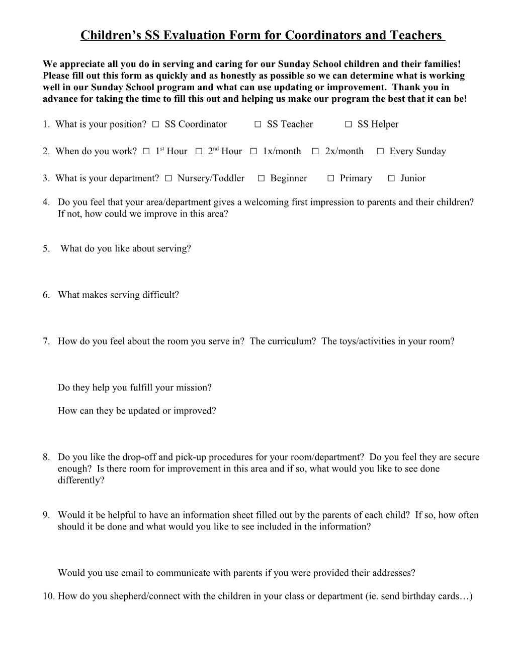 Evaluation Form for Children S SS Teachers and Coordinators