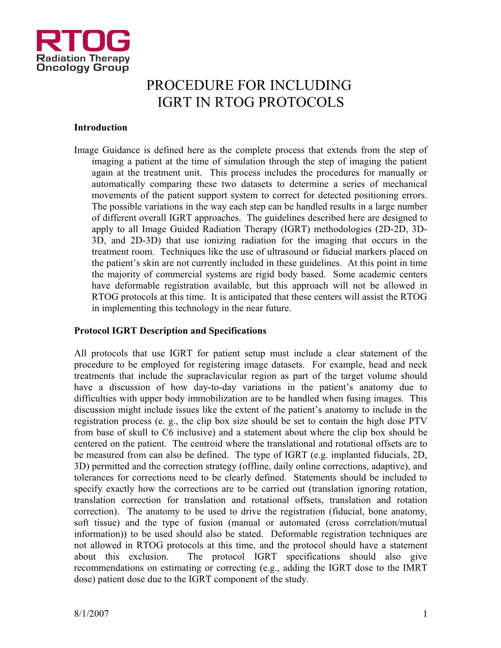 Protocol IGRT Description and Specifications