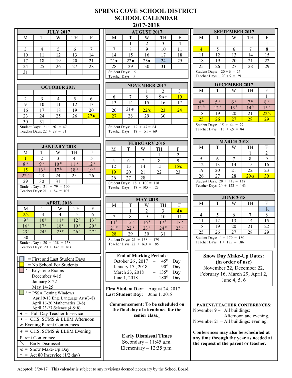 Spring Cove School District 2017-18 School Calendar