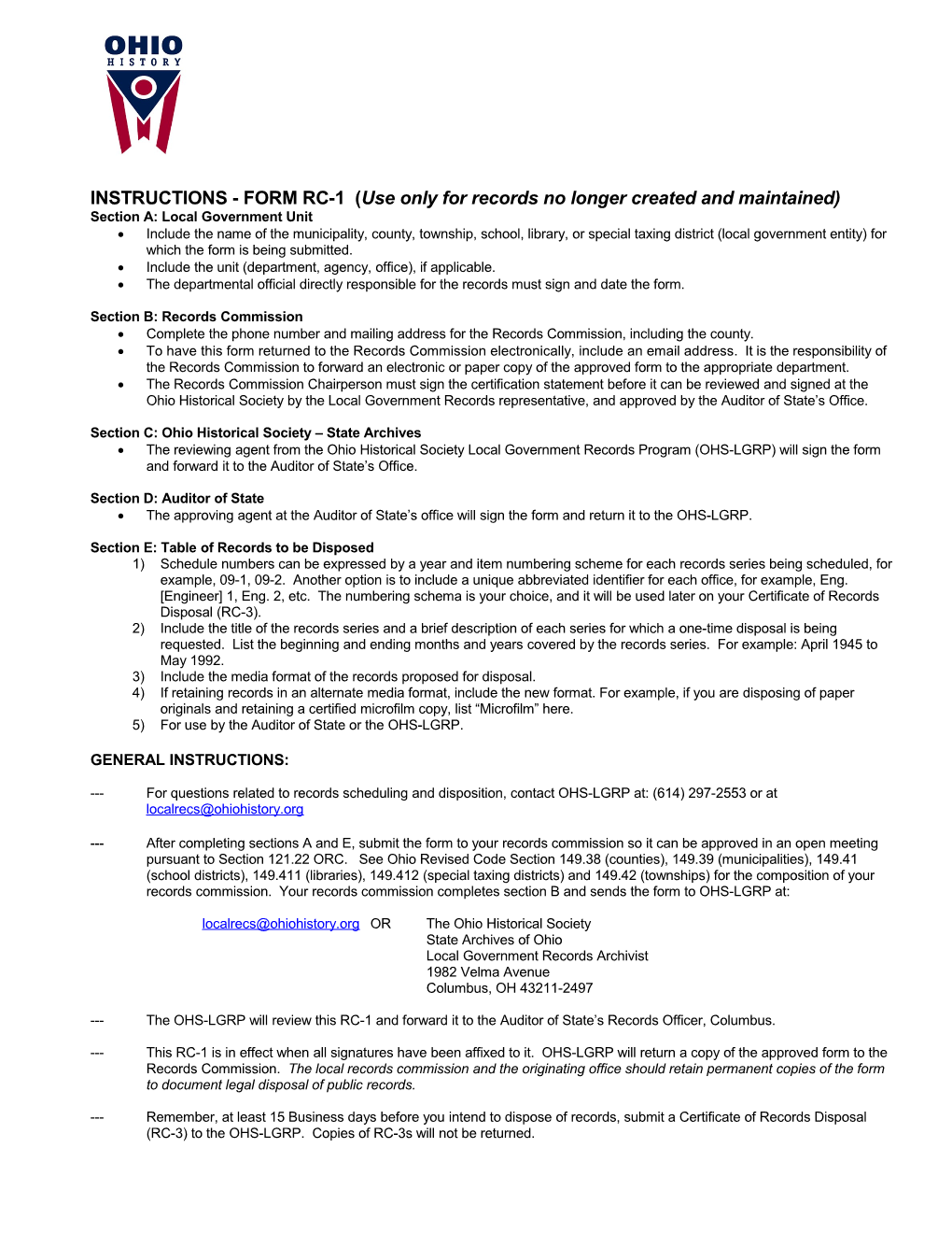 INSTRUCTIONS - FORM RC-1 (Use Only for Records No Longer Created and Maintained)