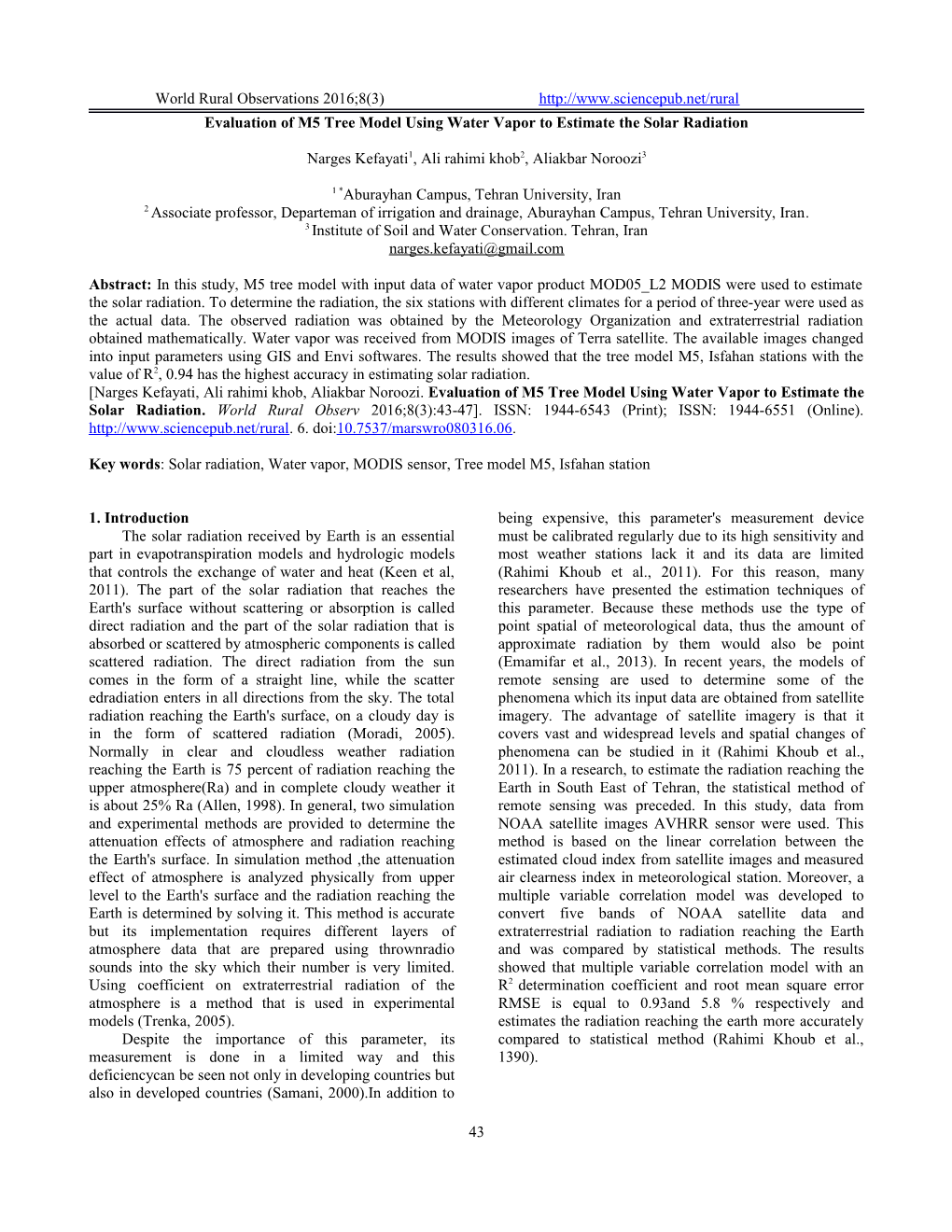 Evaluation of M5tree Model Using Water Vapor to Estimate Thesolar Radiation