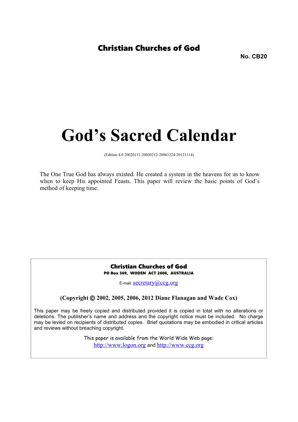 God's Sacred Calendar (No. CB20)