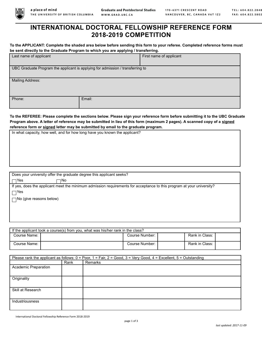 International Doctoral Fellowship Reference Form