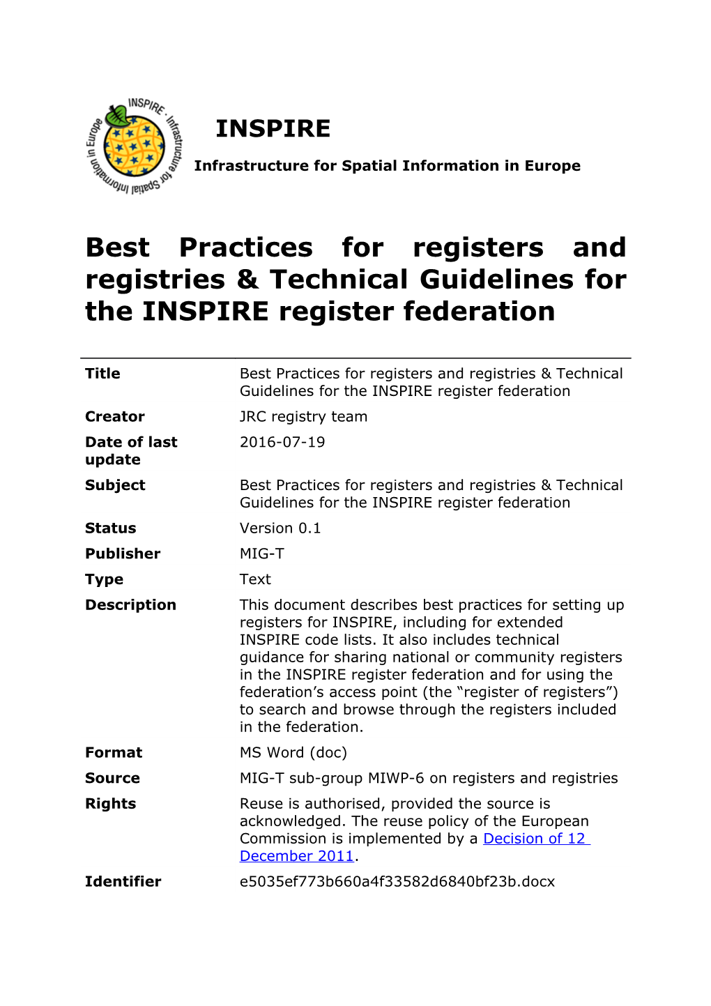 Technical Guidelines & Best Practices for INSPIRE Registers and Registries
