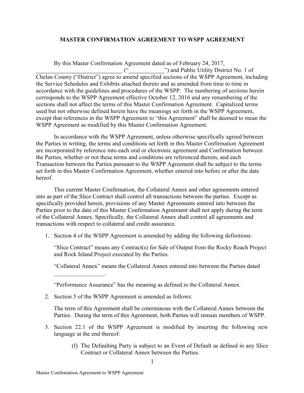 Master Confirmation Agreement to Wspp Agreement