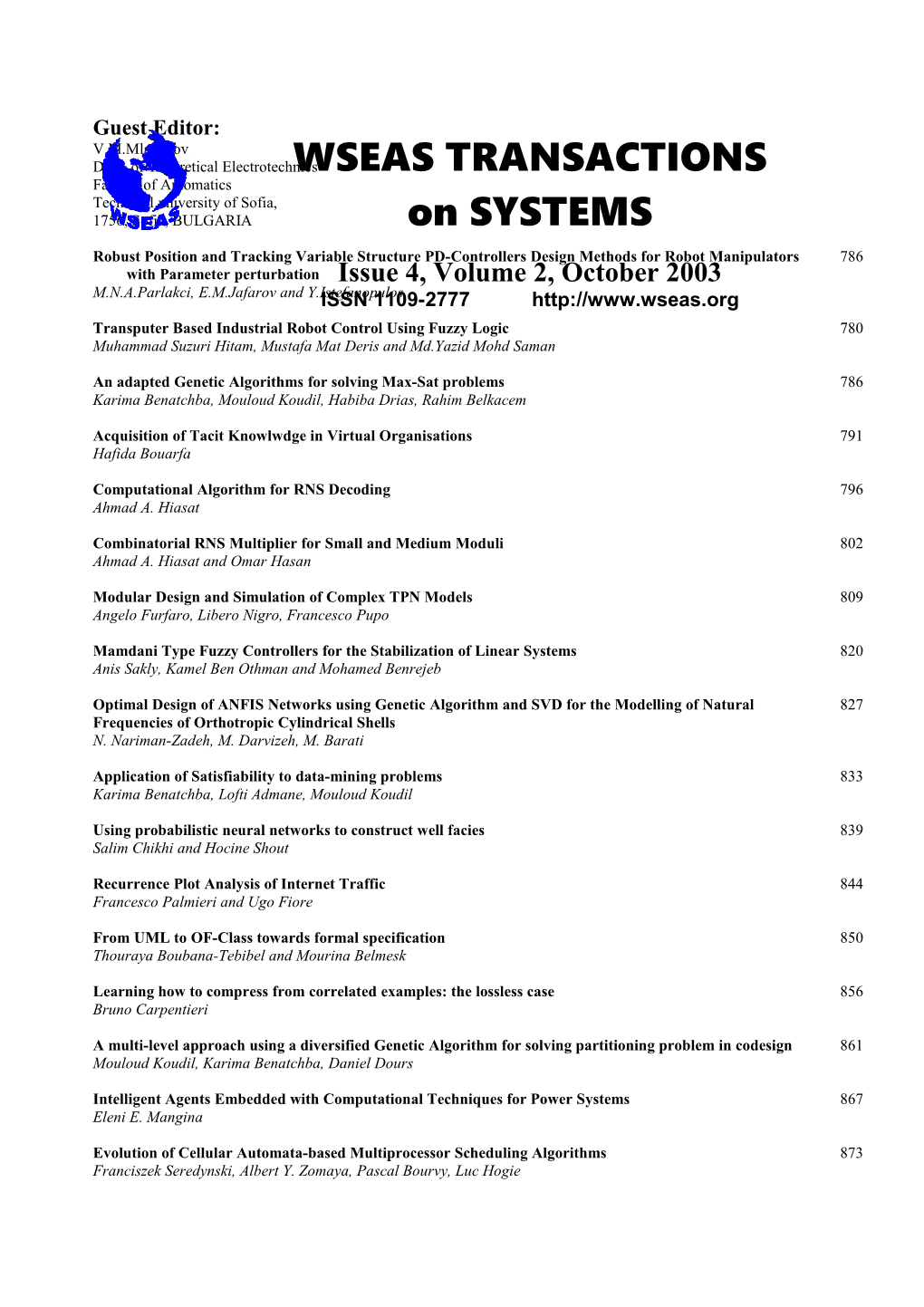 WSEAS Trans. on SYSTEMS, October 2003