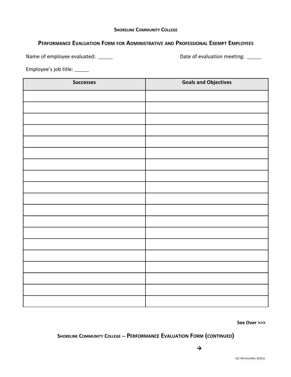 Performance Evaluation Form for Administrative and Professional Exempt Employees of Shoreline