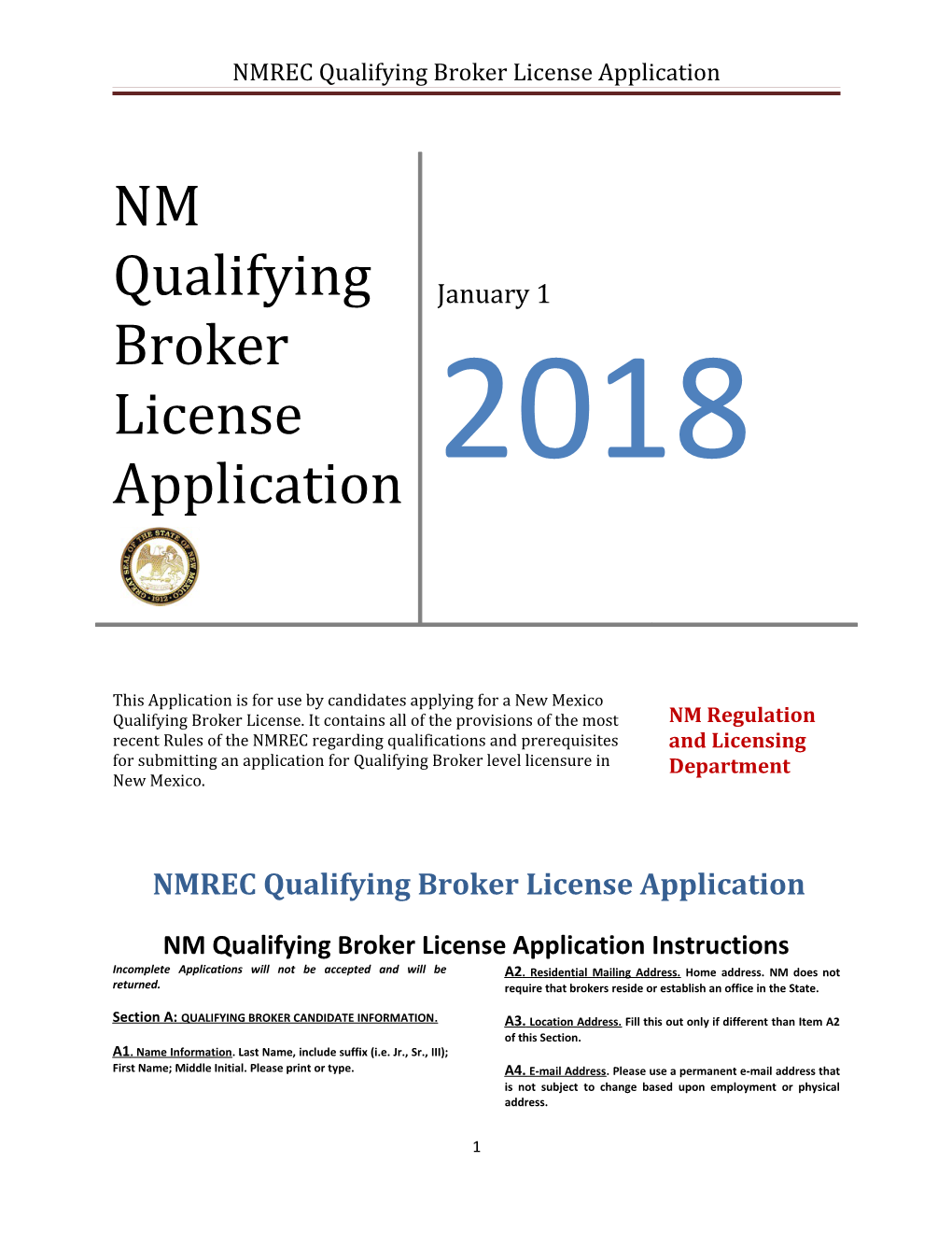 NMREC Qualifying Broker License Application