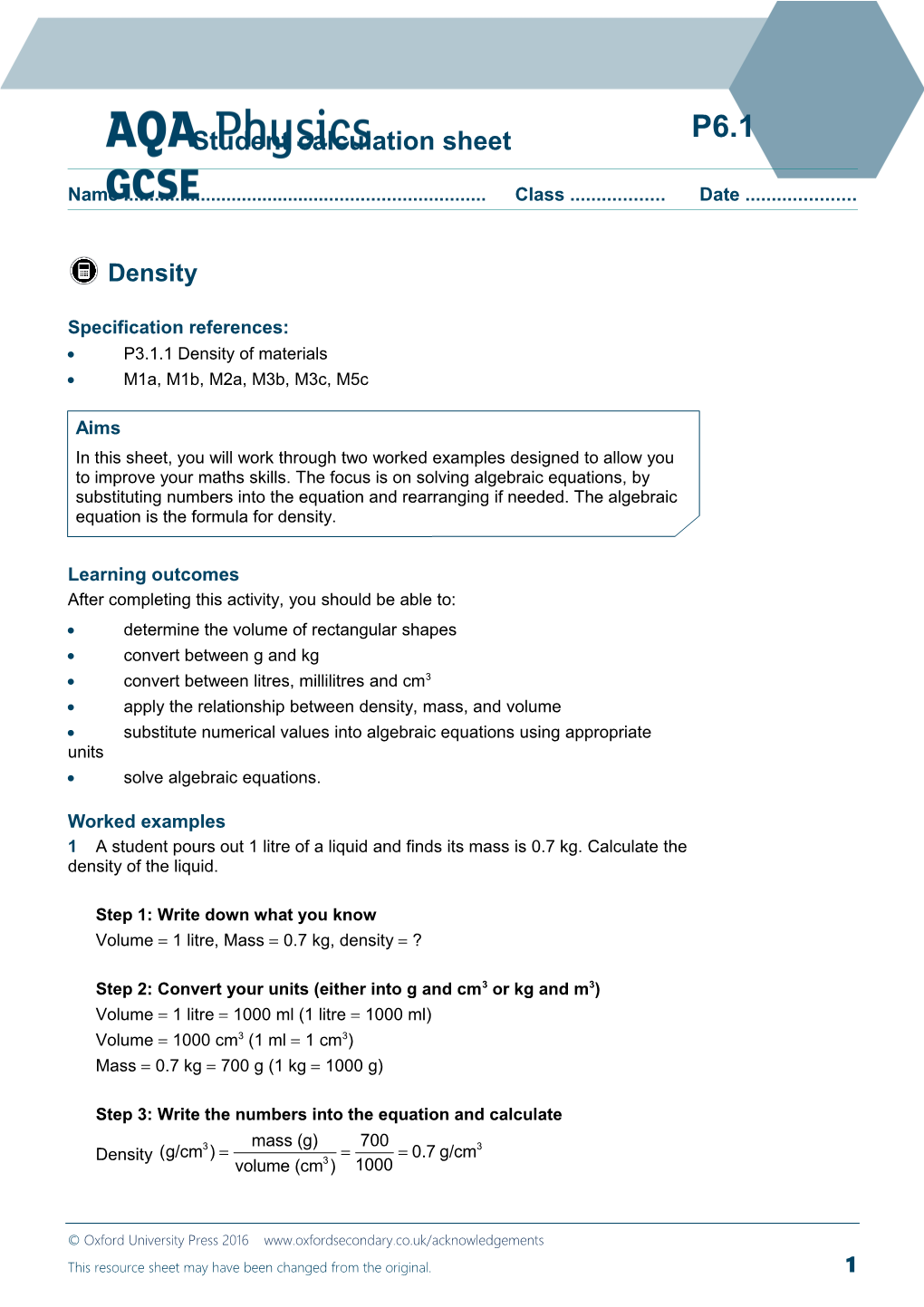 Student Calculation Sheet