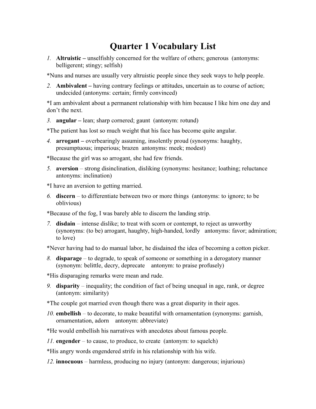 Quarter 1 Vocabulary List