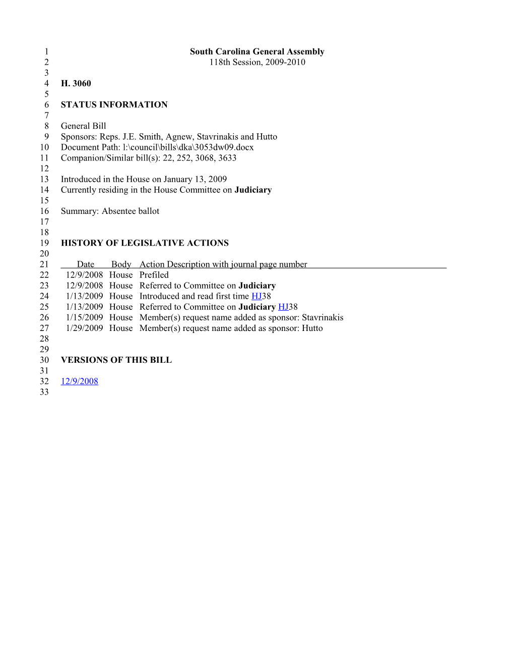 2009-2010 Bill 3060: Absentee Ballot - South Carolina Legislature Online