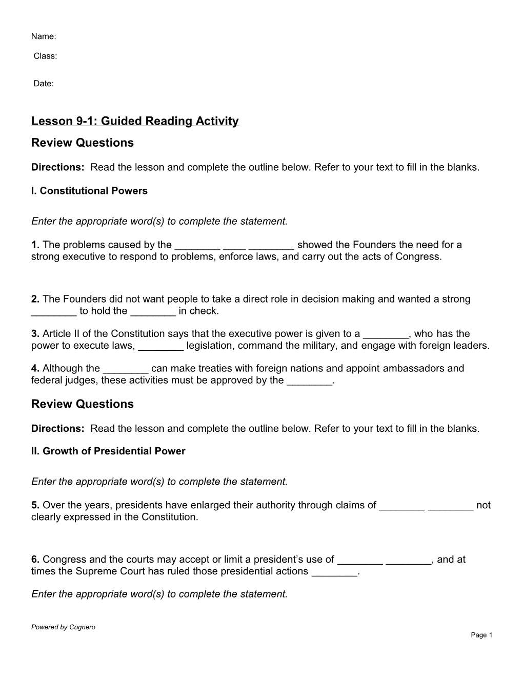 Lesson 9-1: Guided Reading Activity