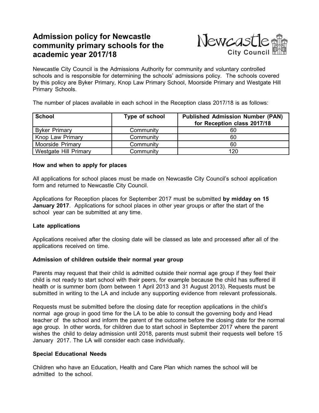 Admission Policy for Community First and Primary Schools 2017-18