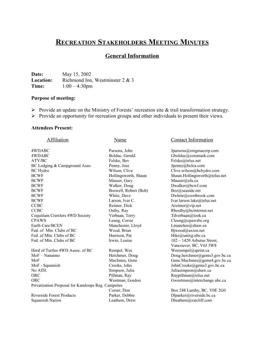 Recreation Stakeholders Meeting Minutes