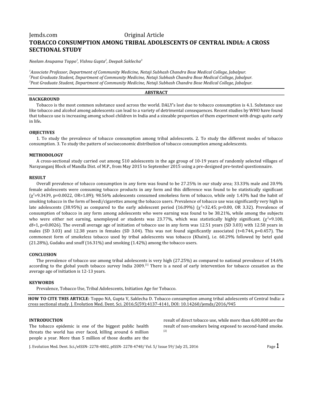 Tobacco Consumption Among Tribal Adolescents of Central India: a Cross Sectional Study