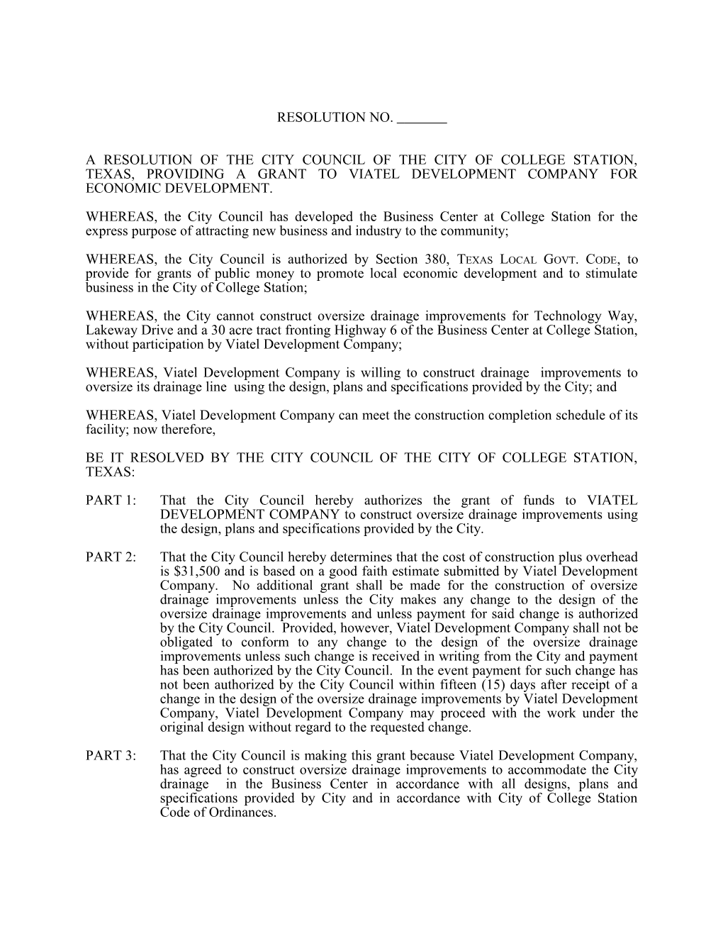 A Resolution of the City Council of the City of College Station, Texas, Providing a Grant