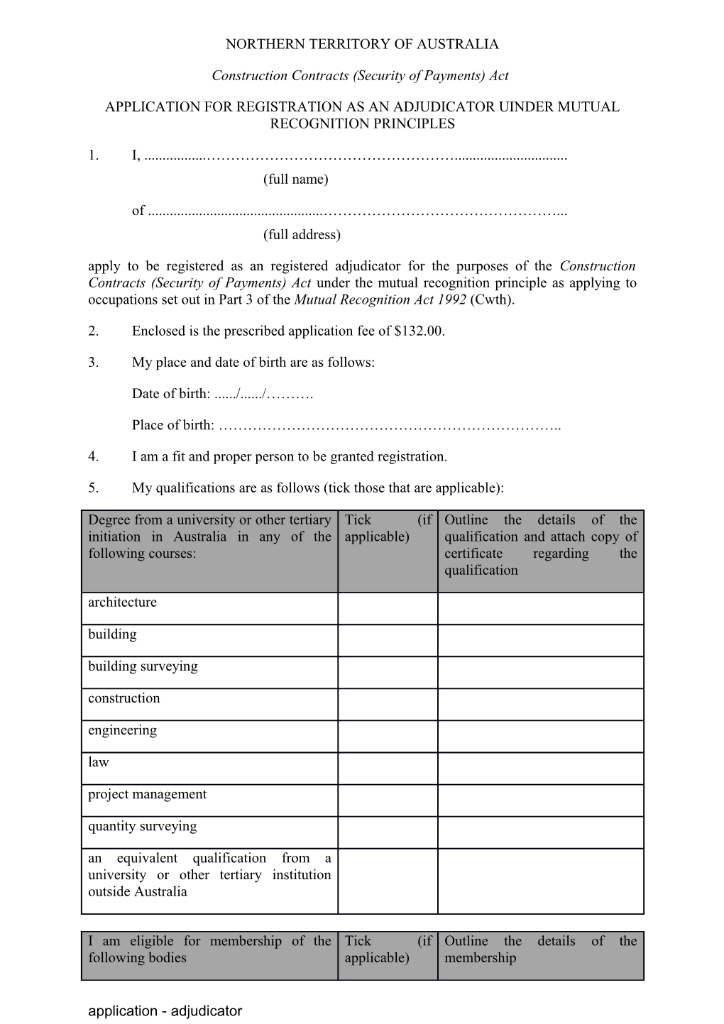 Mutual Recognition Application Form