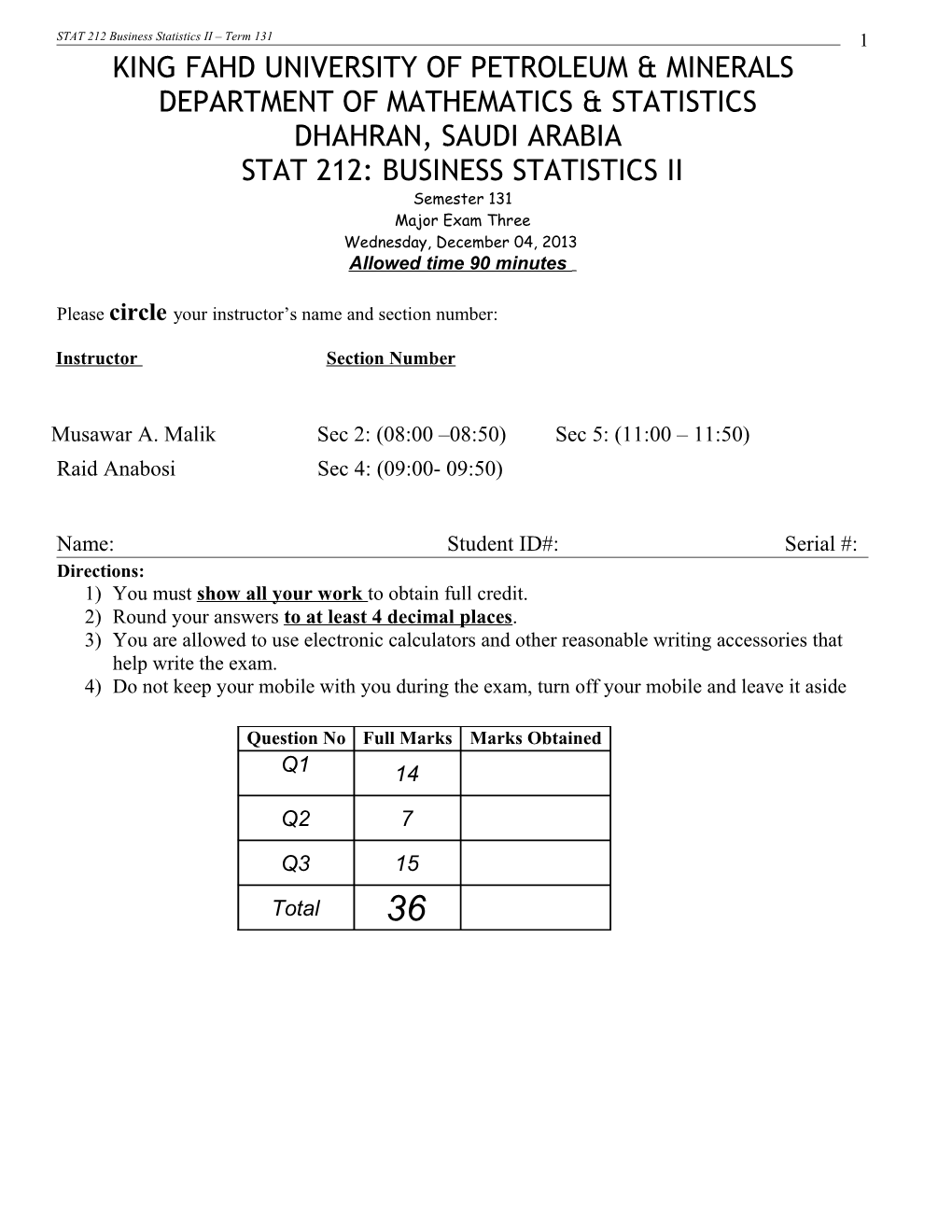 STAT 212 Business Statistics II Term 131