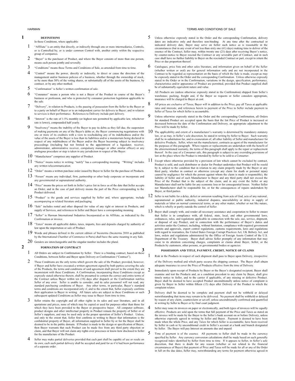 Harman Terms and Conditions of Sale