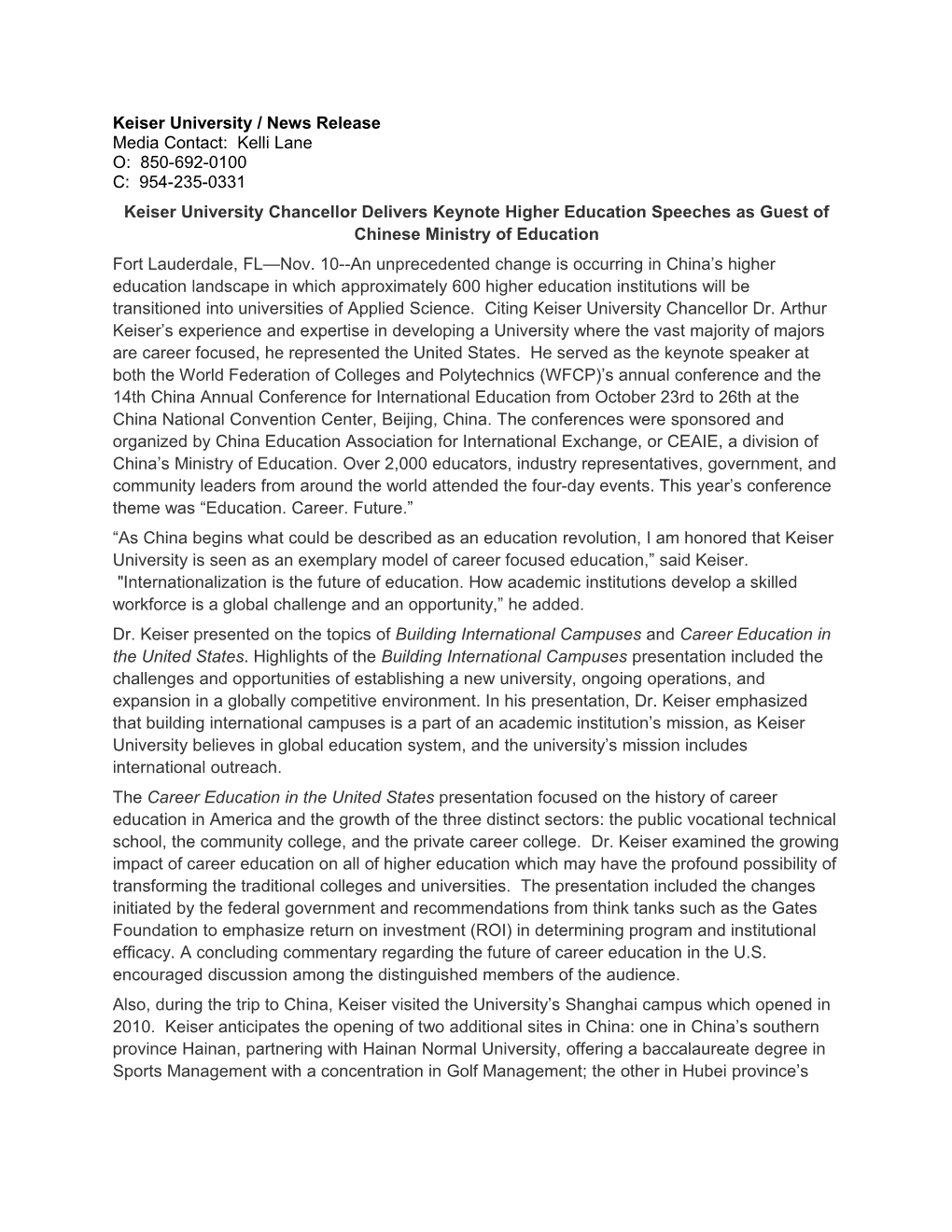 Keiser University / News Release