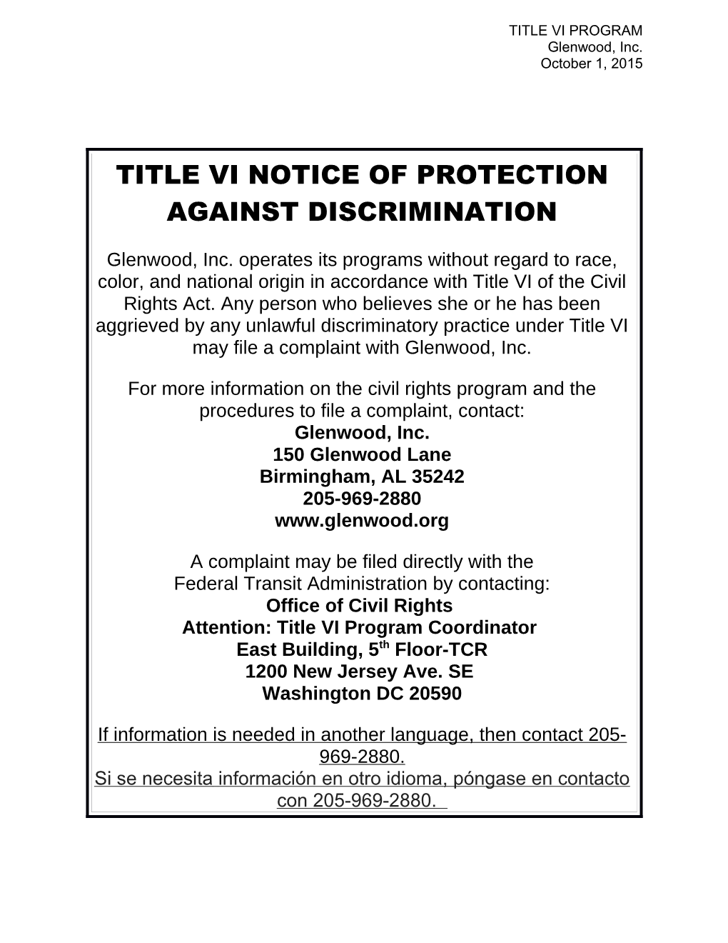 Title Vi Notice of Protection Against Discrimination