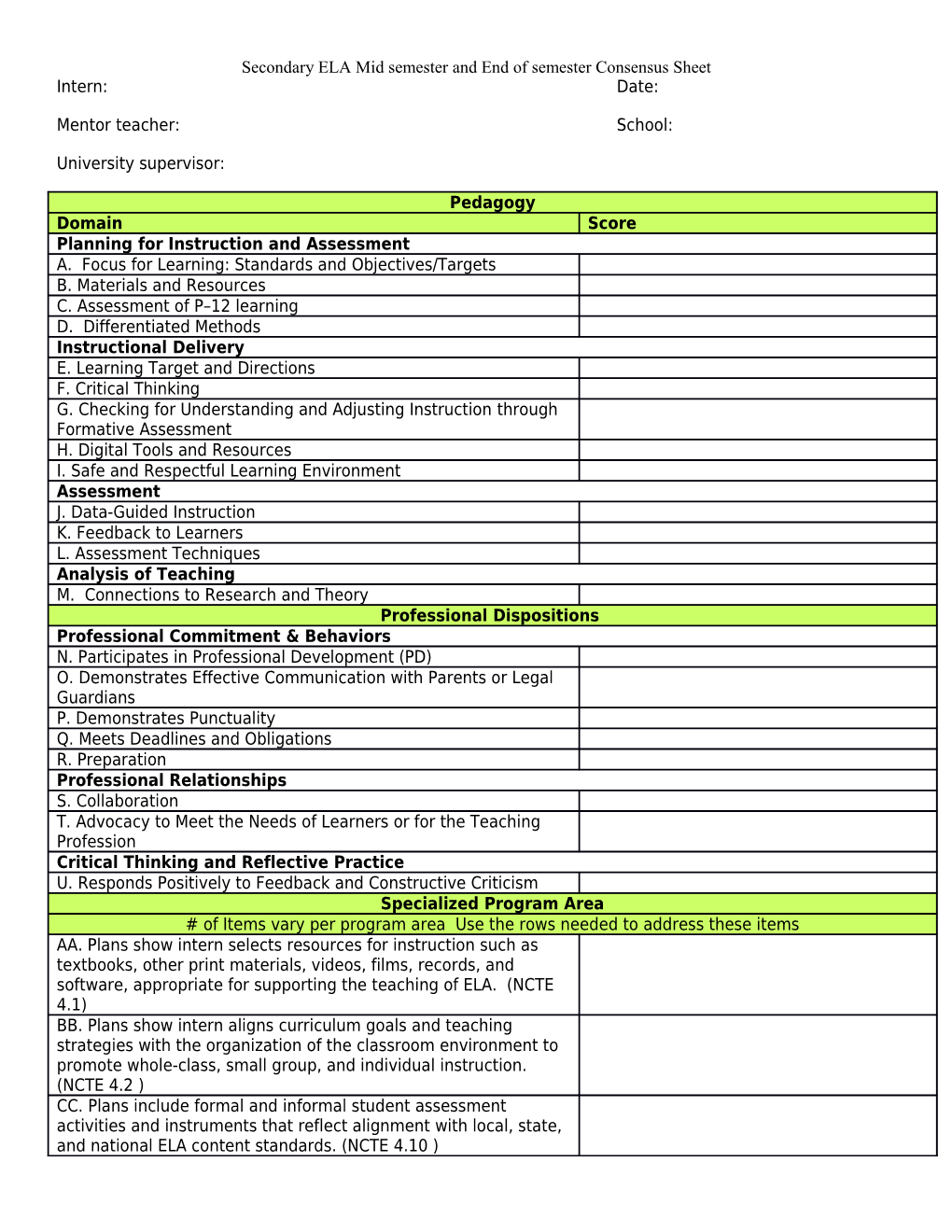 Secondary ELA Mid Semester and End of Semester Consensus Sheet