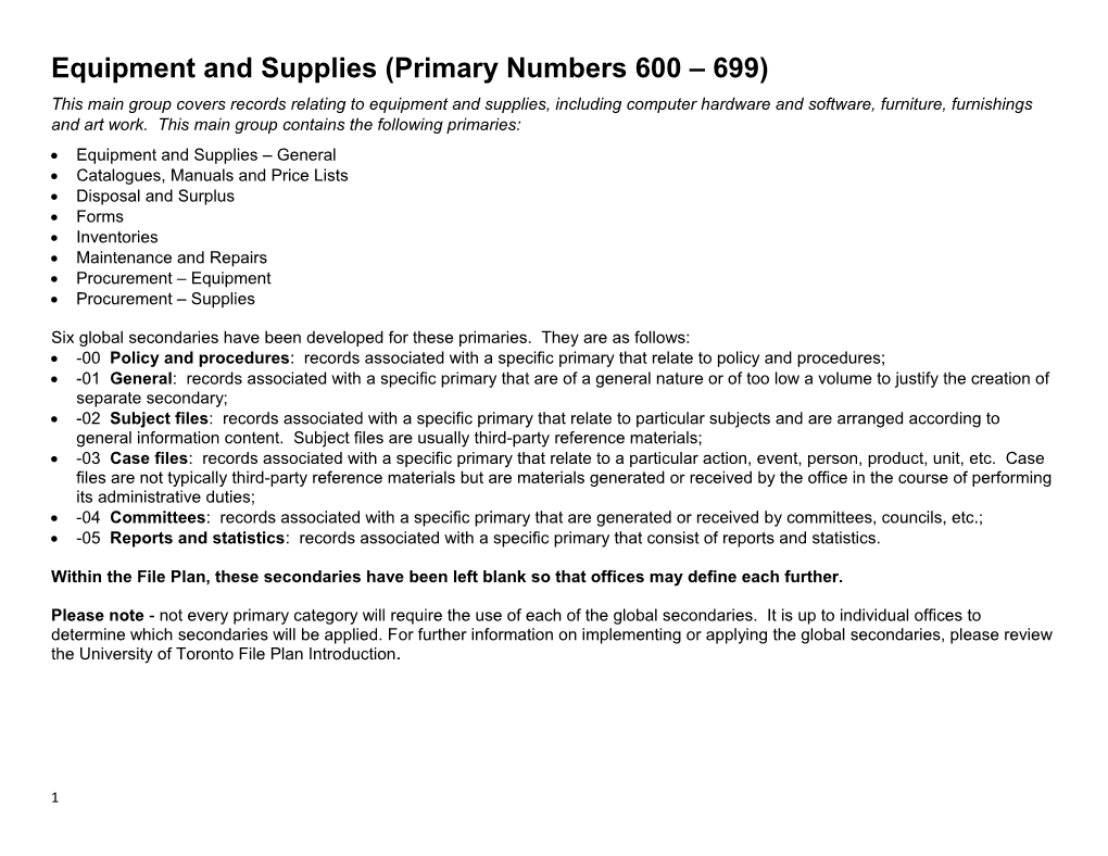 Equipment and Supplies (Primary Numbers 600 699)