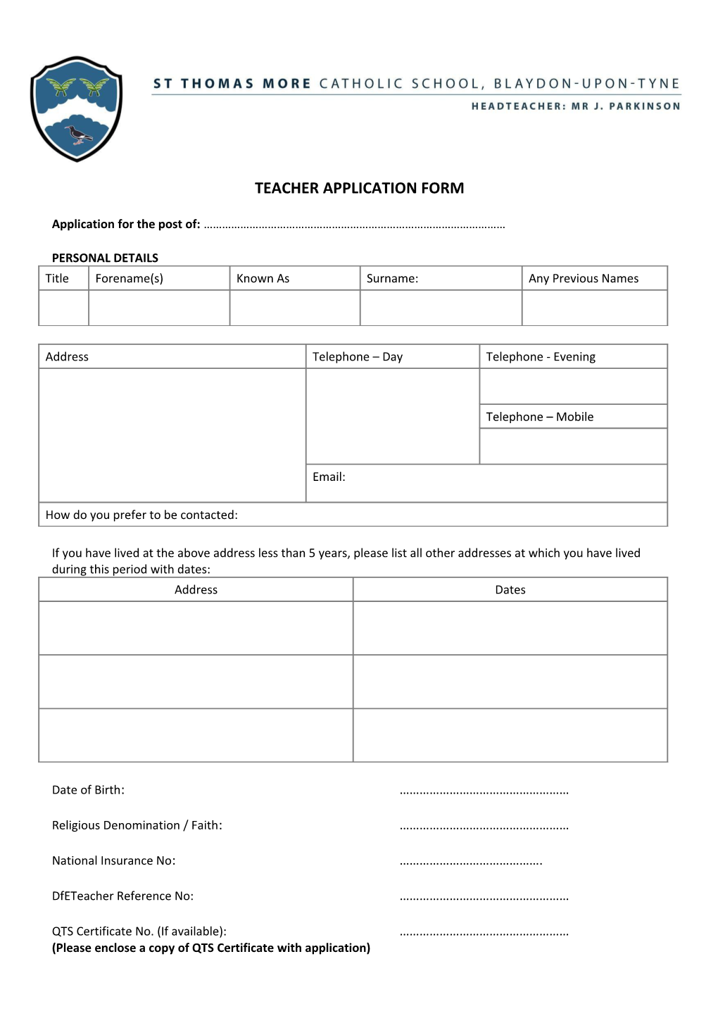 Teacher Application Form 2015