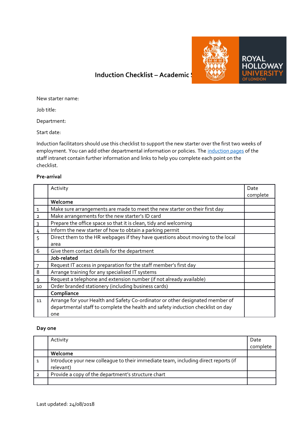 Induction Checklist Academic Staff