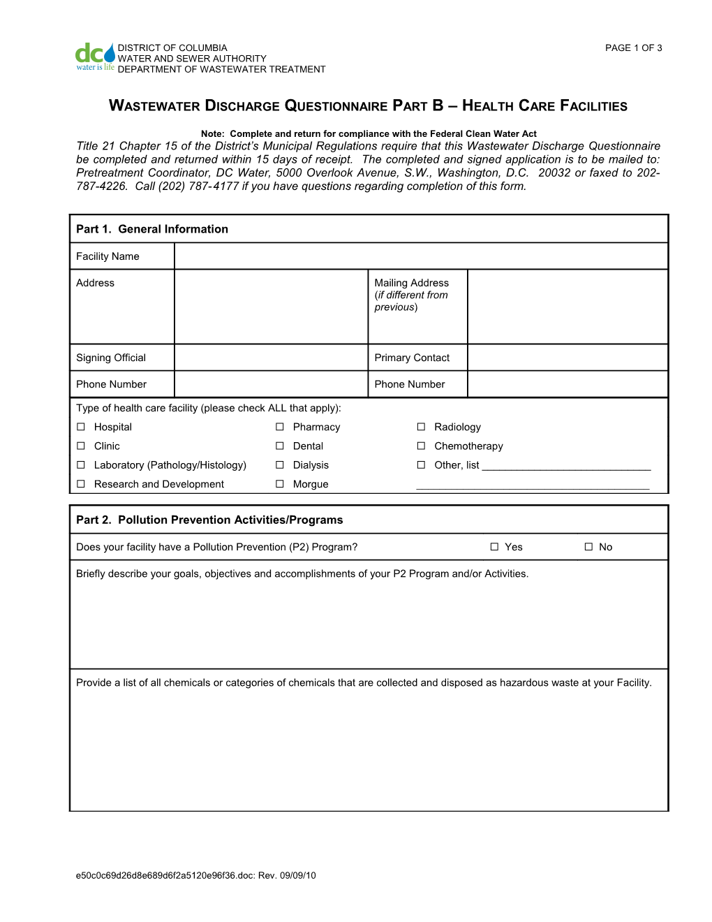 Wastewater Discharge Questionnaire Part B Health Care Facilities