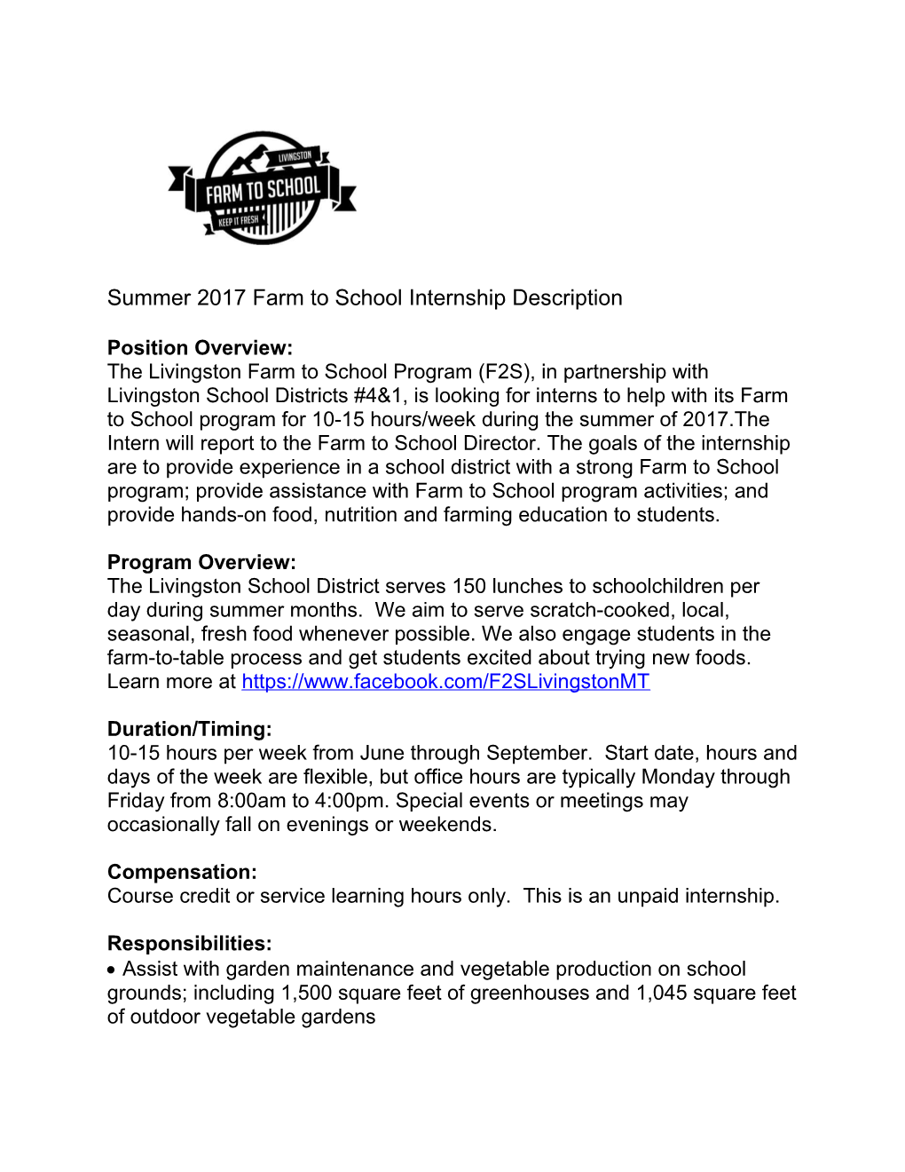 Summer 2017 Farm to Schoolinternship Description