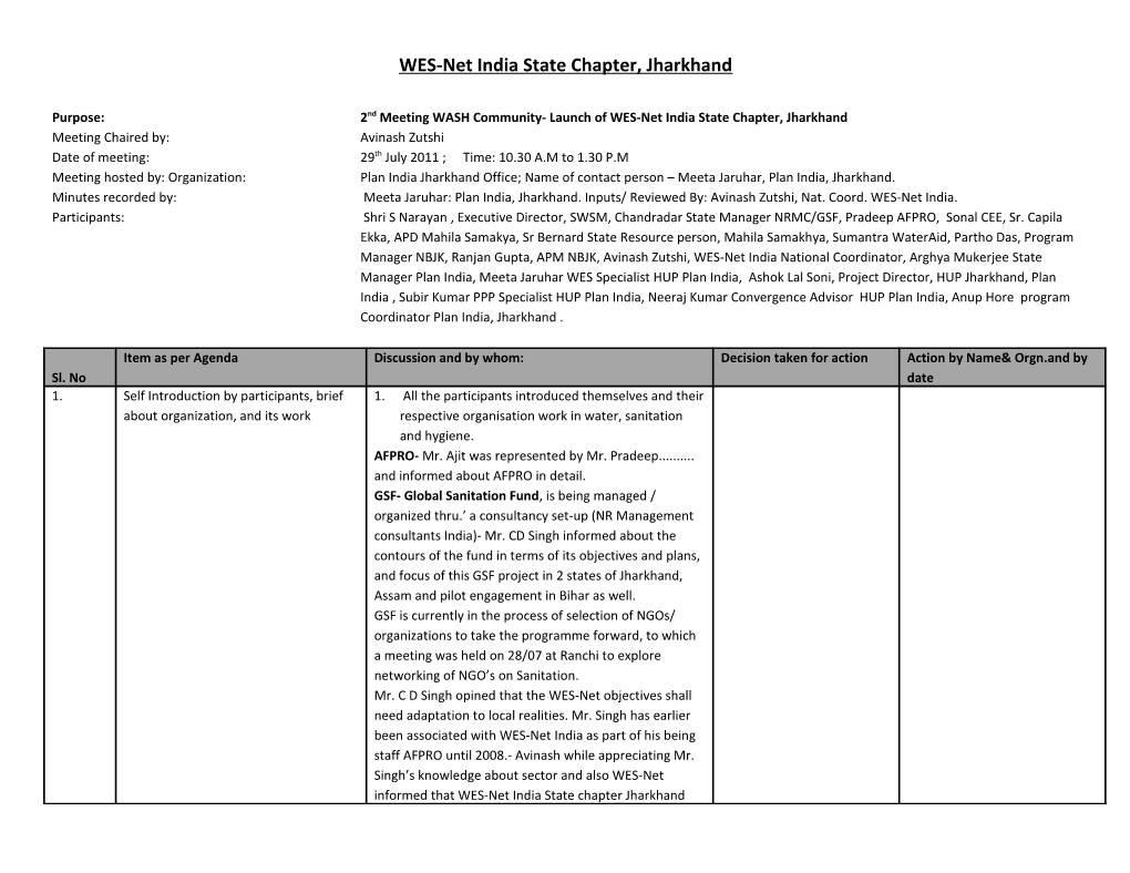 Purpose: WASH Community Meeting Orientation and Interaction for Launch of WES-Net India