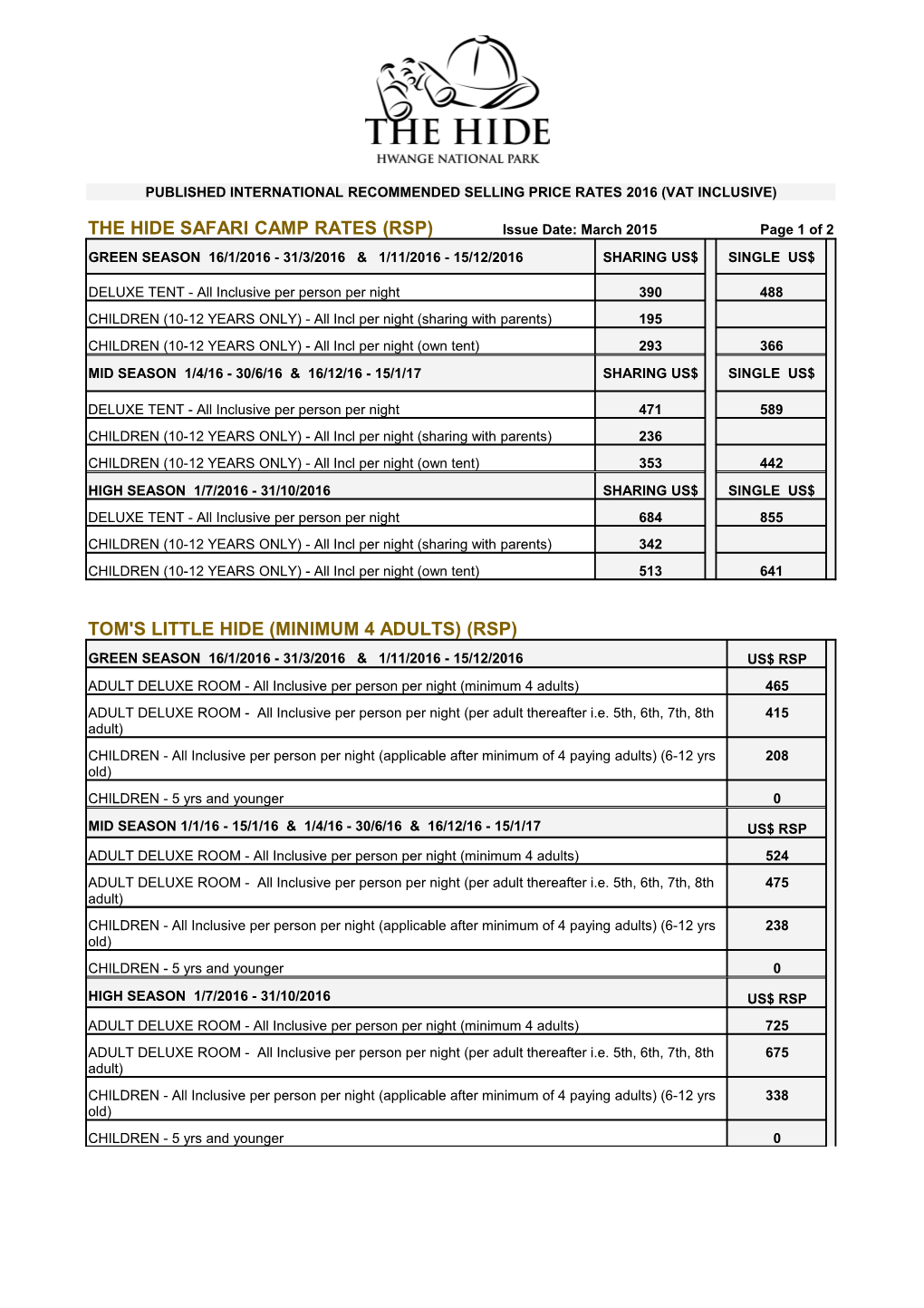 The Hide International RSP Rates Incl VAT 2016.Xlsx