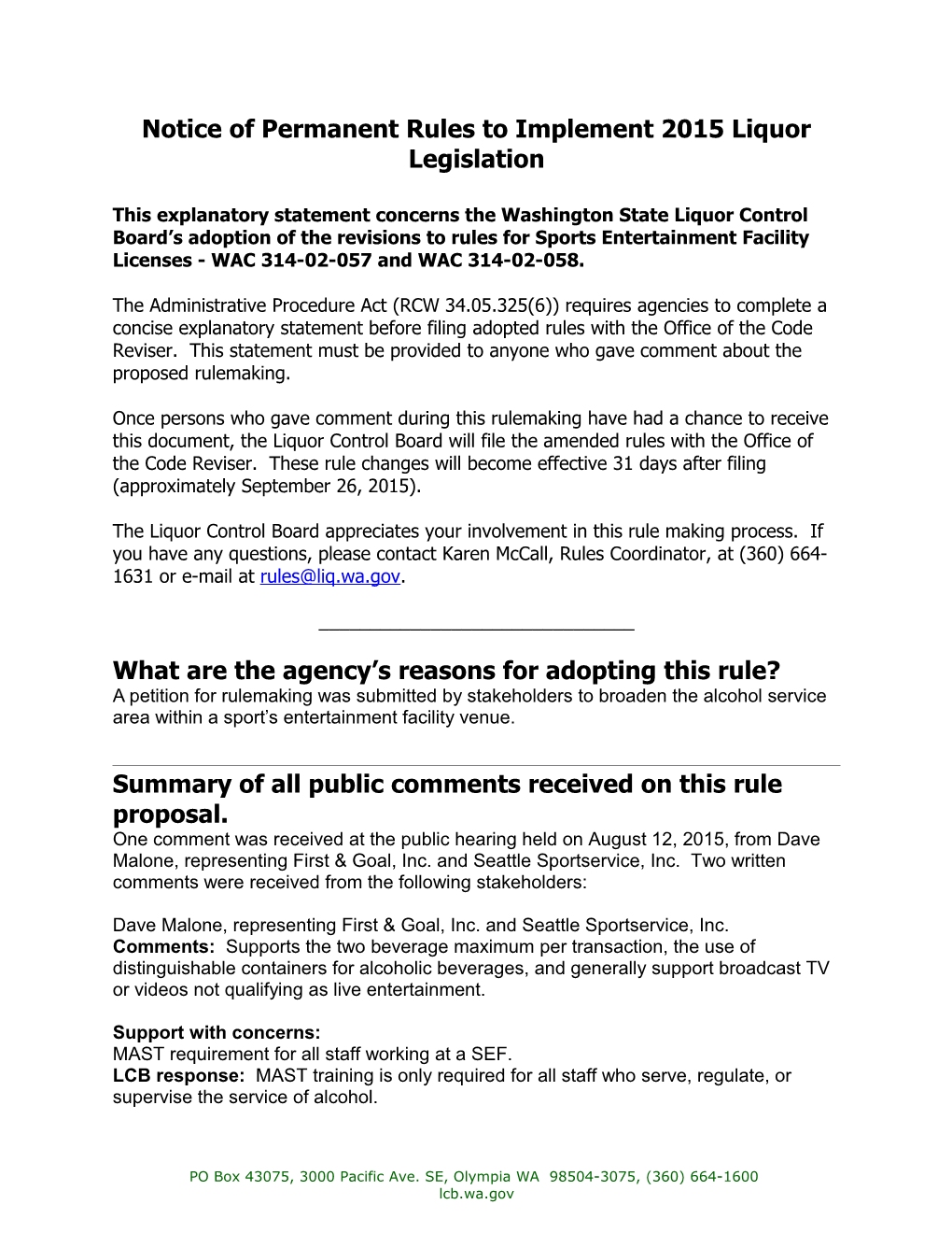 Notice of Permanent Rules to Implement 2015 Liquor Legislation