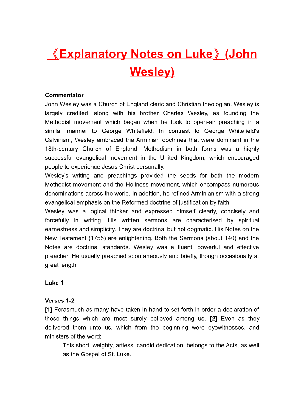 Explanatory Notes on Luke (John Wesley)