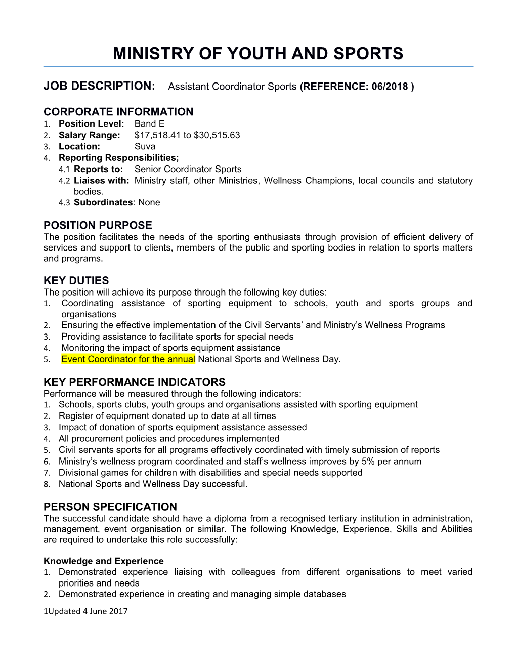 JOB DESCRIPTION:Assistant Coordinator Sports (REFERENCE: 06/2018 )