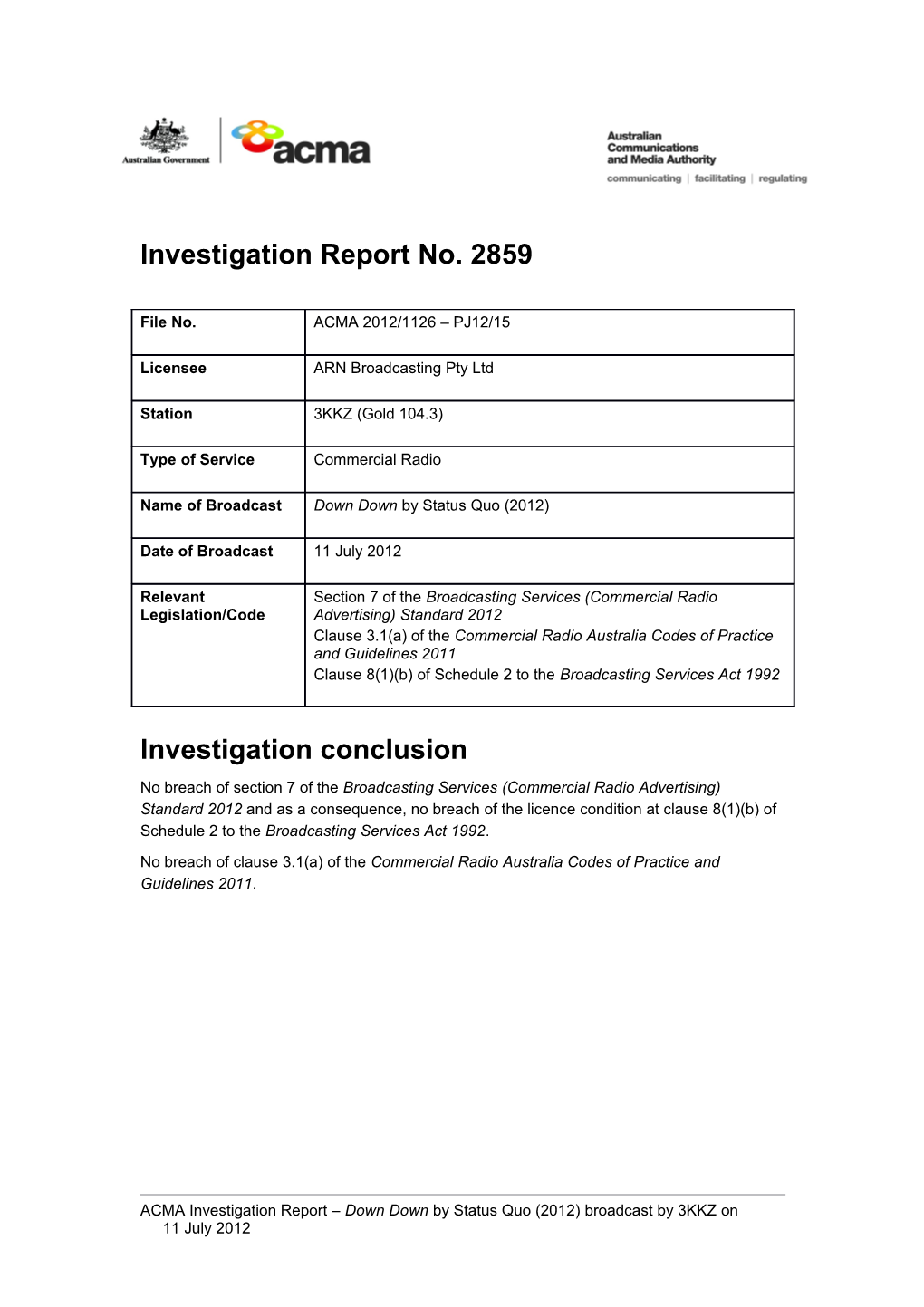 3KKZ (Gold 104.3) - ACMA Investigation Report 2859