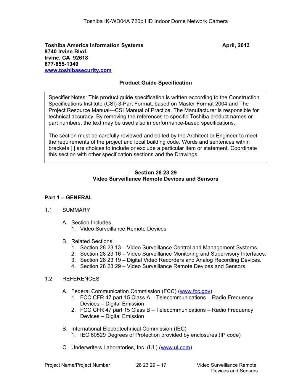 Toshiba IK-WD04A Product Guide Specs