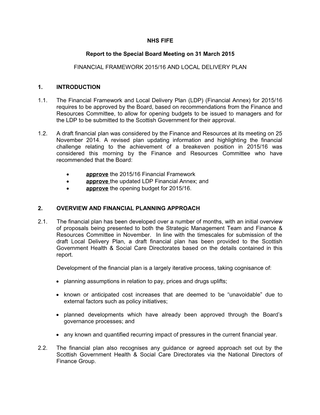 Report to the Special Board Meeting on 31 March 2015