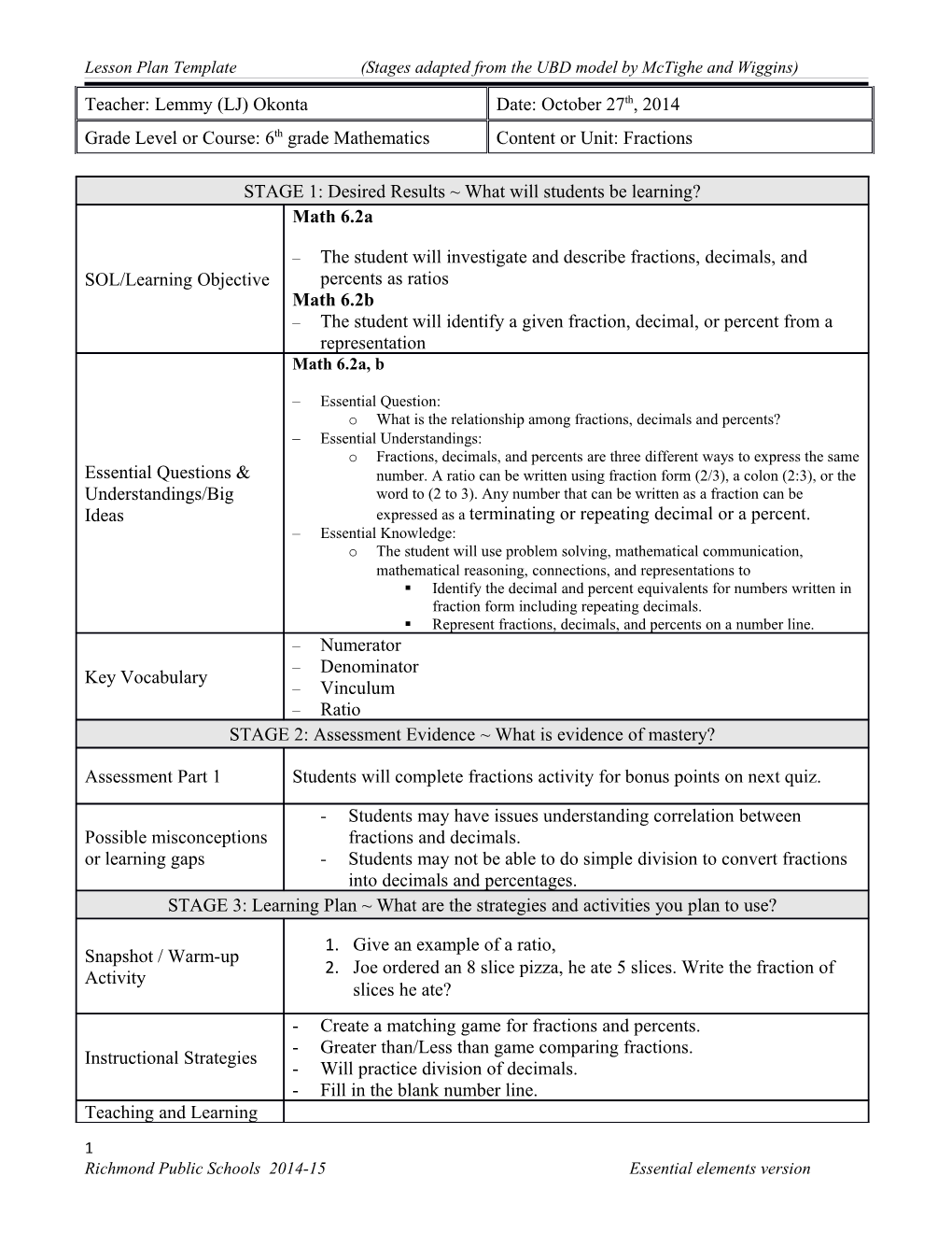 Lesson Plan Template (Stages Adapted from the UBD Model by Mctighe and Wiggins)