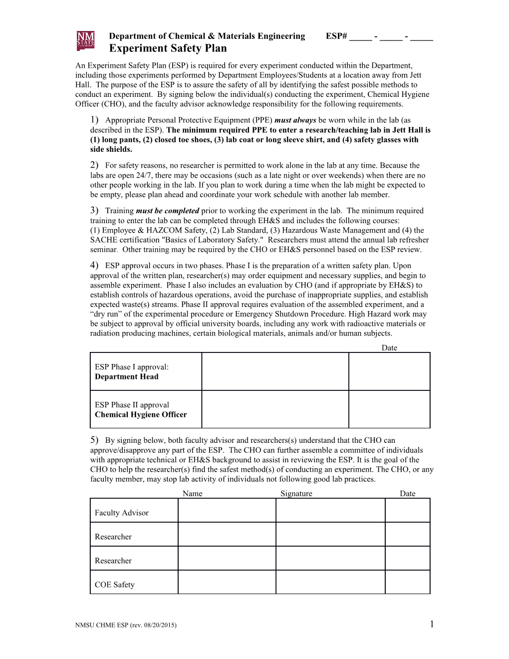 Experiment Safety Plan (ESP)