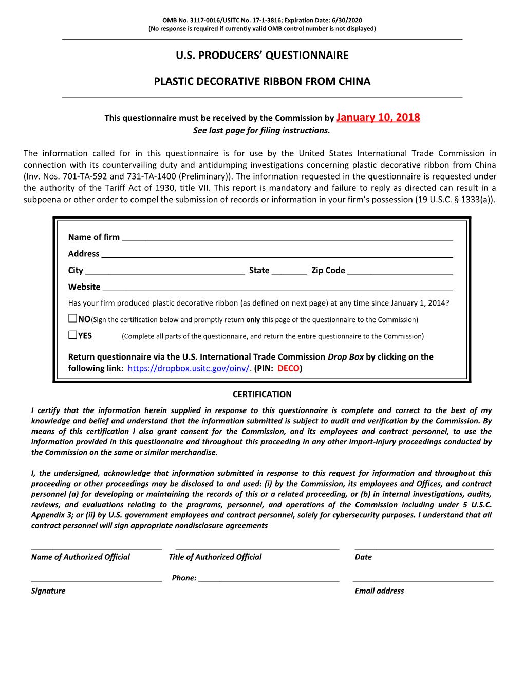 OMB No. 3117-0016/USITC No. 17-1-3816; Expiration Date: 6/30/2020