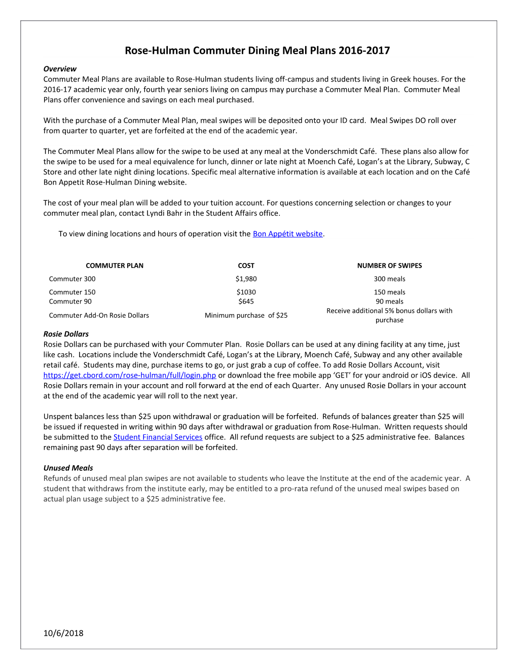 Rose-Hulmancommuter Dining Meal Plans 2016-2017