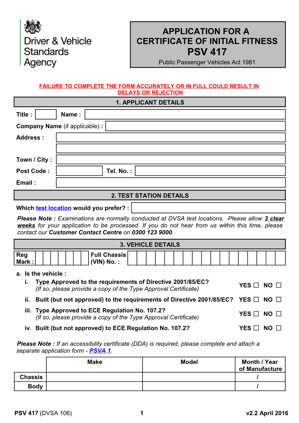 Application for a Certificate of Initial Fitness PSV 417