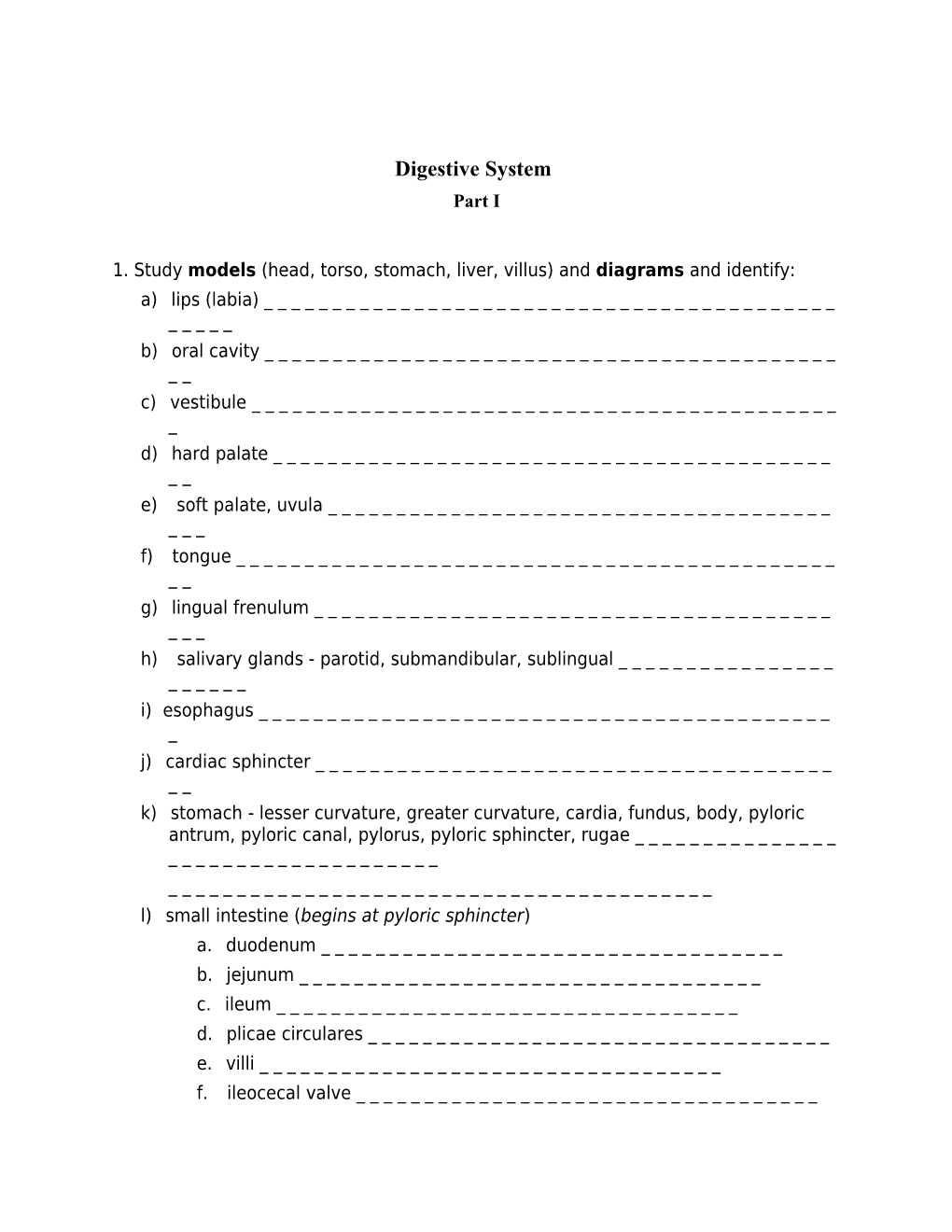 1. Study Models (Head, Torso, Stomach, Liver, Villus) and Diagrams and Identify